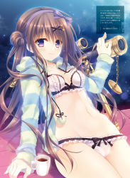 Rule 34 | 1girl, bra, breasts, brown hair, cardigan, cleavage, coffee, coffee cup, collarbone, cowboy shot, cup, disposable cup, frilled panties, frills, groin, hair bun, hair ornament, hair ribbon, hairband, hairclip, highres, hood, hoodie, long hair, looking at viewer, navel, open cardigan, open clothes, original, panties, pom pom (clothes), purple eyes, purple hairband, purple ribbon, ribbon, single hair bun, single side bun, sitting, sky, smile, solo, star (sky), starry sky, stomach, strapless, strapless bra, striped clothes, striped hoodie, striped sweater, sweater, tatekawa mako, telescope, underwear, underwear only, very long hair, white bra, white panties
