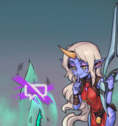 Rule 34 | 1girl, bare shoulders, blonde hair, blush, breasts, closed mouth, colored skin, cowboy shot, cross, dress, gradient background, hands up, holding, holding weapon, horns, index finger raised, league of legends, long hair, medium breasts, phantom ix row, pink skin, pointy ears, pouch, red dress, single horn, smile, solo, soraka (league of legends), tentacles, weapon