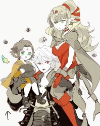 Rule 34 | 1boy, 2girls, blush, boots, breasts, cape, carrying, carrying over shoulder, carrying person, choker, cleavage, collarbone, commentary request, dress, facial mark, fae (fire emblem), fire emblem, fire emblem: the binding blade, fire emblem awakening, fire emblem heroes, forehead mark, gloves, green eyes, greyscale, grima (fire emblem), hair ornament, hair ribbon, highres, jewelry, long hair, medium breasts, monochrome, multiple girls, nintendo, open mouth, pointy ears, ponytail, red choker, red dress, red eyes, red footwear, red gloves, ribbon, robin (fire emblem), robin (male) (fire emblem), sasaki (dkenpisss), short hair, signature, spot color, tiki (adult) (fire emblem), tiki (fire emblem), white hair, yellow dress