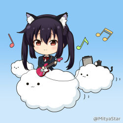 Rule 34 | 1girl, :3, amplifier, animal, animal ear fluff, animal ears, beamed sixteenth notes, black cat, black hair, black hairband, black jacket, blazer, blue background, blush, brown eyes, cat, cat ears, chibi, closed mouth, cloud, collared shirt, commentary request, eighth note, electric guitar, fake animal ears, fender mustang, guitar, hair between eyes, hairband, holding, holding instrument, instrument, jacket, k-on!, long hair, mitya, musical note, nakano azusa, neck ribbon, quarter note, red ribbon, ribbon, school uniform, shirt, smile, solid circle eyes, solo, twintails, twitter username, white shirt