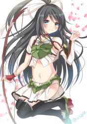 Rule 34 | 10s, 1girl, black hair, black legwear, blue eyes, bow (weapon), breasts, camouflage, crop top, erika (ym0311), fingerless gloves, from side, gloves, hair ribbon, highres, kantai collection, katsuragi (kancolle), long hair, looking at viewer, midriff, muneate, navel, ponytail, remodel (kantai collection), ribbon, single glove, sketch, small breasts, solo, weapon, white ribbon