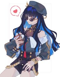 Rule 34 | 1girl, arisawa, bare shoulders, beret, black hair, black shorts, blue hair, bracelet, breasts, bubble tea, buttons, cellphone, colored inner hair, cup, disposable cup, double-breasted, eyeliner, fate/grand order, fate (series), green hat, green jacket, grey eyes, hat, heart, jacket, jewelry, long hair, looking at viewer, makeup, multicolored hair, neck ring, o-ring, off shoulder, phone, round eyewear, shorts, sidelocks, small breasts, solo, spoken heart, sunglasses, tenochtitlan (fate), tenochtitlan (second ascension) (fate), thighs, wavy hair, zipper