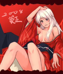 Rule 34 | 00s, 1girl, 2008, breasts, brown eyes, censored, convenient censoring, hair censor, hair over breasts, hand on own head, japanese clothes, kimono, large breasts, legs, long hair, off shoulder, original, red theme, sash, sitting, solo, white hair, yuuji (and)
