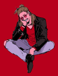 Rule 34 | 1boy, black footwear, boku no hero academia, brown hair, facial hair, indian style, jacket, leather, leather jacket, long hair, looking at viewer, male focus, mustache, pants, present mic, red-tinted eyewear, red background, red shirt, rnuyvm, round eyewear, shirt, sitting, solo, tinted eyewear, watch, white pants, wristwatch