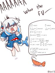 Rule 34 | 1girl, blue hair, blunt bangs, eiul, fins, fish tail, gawr gura, highres, hololive, hololive english, jumping, math, multicolored hair, shaded face, shark tail, shrimp, simple background, sleeves past wrists, streaked hair, tail, tears, two side up, virtual youtuber, white background, white hair