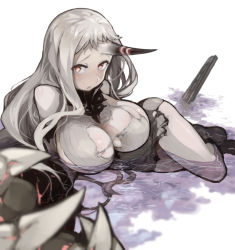 Rule 34 | 10s, 1girl, abyssal ship, blush, breasts, claws, dress, female focus, foreshortening, horns, kantai collection, large breasts, long hair, looking at viewer, lying, messy hair, on side, pinero, red eyes, ribbed dress, sad, seaport princess, shirt, short dress, simple background, single horn, sketch, solo, torn clothes, torn shirt, very long hair, water, white hair