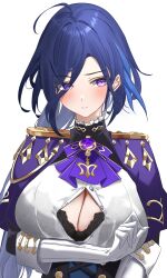 Rule 34 | 1girl, absurdres, ascot, averting eyes, black bra, black corset, blue hair, blush, bra, bra visible through clothes, breasts, capelet, cleavage, clorinde (genshin impact), closed mouth, commentary, corset, dark blue hair, elbow gloves, english commentary, epaulettes, fold-over gloves, genshin impact, gloves, hat, highres, large breasts, long hair, low ponytail, multicolored hair, partially unbuttoned, purple ascot, purple capelet, purple eyes, shirt, solo, streaked hair, taut clothes, taut shirt, underwear, upper body, vayneeeee, vision (genshin impact), white background, white gloves, white shirt