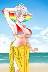 Rule 34 | 10s, 1girl, :q, arm up, beach, bikini, blush, blush stickers, breasts, cleavage, day, eyebrows, highres, kill la kill, kiryuuin ragyou, large breasts, mature female, multicolored hair, mumu ichie, nail polish, navel, out of character, outdoors, rainbow hair, sarong, scar, sunburn, swimsuit, thick eyebrows, tongue, tongue out