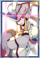 Rule 34 | 1girl, absurdres, breasts, colored skin, darling in the franxx, highres, horns, humanoid robot, large breasts, mecha musume, no nipples, red eyes, robot, single horn, solo, strelizia, white background, white skin