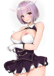 Rule 34 | 1girl, bare arms, black dress, blush, breasts, collared dress, commentary request, dermar, dress, gloves, gridman universe, gridman universe (film), hair between eyes, highres, looking at viewer, medium breasts, nipples, open mouth, original, purple hair, red eyes, short hair, simple background, smile, solo, standing, white background, white gloves