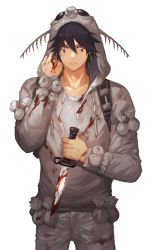 Rule 34 | 1boy, animal hood, anysnail, black hair, blood, blood on clothes, bloody knife, brown eyes, cowboy shot, dokuga, dorohedoro, expressionless, hood, hoodie, knife, looking at viewer, male focus, solo, tattoo, white background