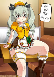 Rule 34 | 10s, 1girl, absurdres, anchovy (girls und panzer), blush, boots, breasts, cameltoe, closed mouth, collarbone, drill hair, girls und panzer, green hair, hair ornament, hair ribbon, hat, highres, long hair, looking at viewer, miniskirt, name tag, panties, red eyes, ribbon, shimetta masuta, sitting, sitting on table, skirt, small breasts, smile, solo, speech bubble, table, thick thighs, thighs, twintails, underwear, upskirt, waitress, white panties