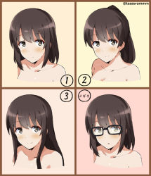 Rule 34 | 1girl, :o, alternate hairstyle, bad id, bad pixiv id, bare shoulders, bespectacled, blush, border, brown border, brown eyes, closed mouth, collarbone, commentary request, glasses, katou megumi, looking at viewer, multiple views, open mouth, saenai heroine no sodatekata, short hair, short ponytail, sidelocks, smile, tareme, tasora, translated, twitter username, upper body