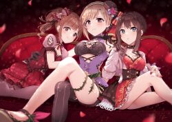 Rule 34 | 3girls, aiba yumi, arm around waist, artist name, bare shoulders, black choker, black corset, black gloves, black pantyhose, black shorts, blurry, blurry foreground, blush, breasts, brown eyes, brown hair, choker, cleavage, closed mouth, corset, couch, crossed legs, dot nose, dress, falling petals, floral print, flower, frilled dress, frills, gloves, green eyes, gum (vivid garden), hair ribbon, hairband, hat, hat flower, idolmaster, idolmaster cinderella girls, idolmaster cinderella girls starlight stage, igarashi kyoko, jacket, knee up, long hair, looking at viewer, medium breasts, midriff, mini hat, multiple girls, on couch, open clothes, open jacket, pantyhose, petals, pink flower, pink nails, print shirt, purple flower, purple shirt, red background, red dress, red ribbon, ribbon, sandals, shibuya rin, shirt, short hair, short sleeves, shorts, side ponytail, signature, single leg pantyhose, smile, thorns, two-tone ribbon, white flower