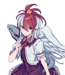 Rule 34 | 1girl, animal, animal on head, bird, chick, commentary request, dress, feathered wings, hair between eyes, hand on own chest, looking at viewer, multicolored hair, neck ribbon, niwatari kutaka, on head, petticoat, puffy short sleeves, puffy sleeves, purple dress, red eyes, red hair, red ribbon, ribbon, shirt, short hair, short sleeves, silver hair, simple background, smile, solo, touhou, two-tone hair, upper body, white background, white shirt, white wings, wings, zounose