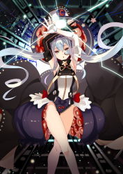 Rule 34 | 1girl, armpits, arms up, asymmetrical clothes, black gloves, blue hair, dress, elbow gloves, gloves, hair ornament, hat, long hair, open mouth, red eyes, selenoring, solo, souseiki aster gate, twintails, white gloves