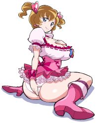 Rule 34 | alternate hairstyle, ass, ban keiko, blue eyes, blush, boots, breasts, brown hair, cleavage, cosplay, crossover, cure peach, cure peach (cosplay), dress, earrings, fresh precure!, from behind, heartcatch precure!, hip focus, huge ass, jewelry, kotomozou, large breasts, looking back, magical girl, mature female, panties, precure, short hair, sitting, smile, twintails, underwear, wide hips