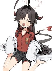 Rule 34 | 1girl, ahoge, barefoot, black hair, black horns, black shorts, black tail, blue archive, blush, breasts, buttons, closed eyes, coat, collarbone, collared shirt, crying, demon horns, demon tail, halo, highres, horns, kasumi (blue archive), lab coat, long hair, open mouth, red halo, red shirt, seramikku, shirt, shorts, simple background, sitting, sleeves past fingers, sleeves past wrists, small breasts, solo, tail, tears, wariza, white background, white coat