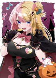 Rule 34 | 1girl, absurdres, black cape, black dress, black gloves, blonde hair, blue eyes, blush, breasts, candy, cape, cat, cleavage, dress, food, food-themed hair ornament, gloves, hair bun, hair ornament, hairclip, halloween, highres, holding, holding candy, holding food, jack-o&#039;-lantern, jack-o&#039;-lantern hair ornament, kano3, kotoka torahime, large breasts, long hair, looking at viewer, multicolored hair, nijisanji, nijisanji en, pink hair, pumpkin, pumpkin hair ornament, smile, solo, two-tone hair, virtual youtuber