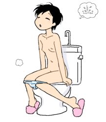 Rule 34 | 1girl, black hair, blue panties, blush, breasts, closed eyes, cote, highres, navel, nipples, nude, open mouth, panties, panty pull, peeing, pink footwear, relief, short hair, sitting, slippers, small breasts, striped clothes, striped panties, tap, thought bubble, toilet, topless, underwear, white background