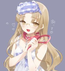 Rule 34 | 1girl, blush, bow, brown eyes, brown hair, chain, chain leash, collar, dress, glasses, heart, holding, holding leash, leash, long hair, looking at viewer, mamiya mao, nijisanji, open mouth, purple bow, red collar, simple background, sister claire, sister claire (7th costume), sleeveless, smile, solo, upper body, virtual youtuber, white dress