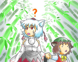 Rule 34 | 2girls, ?, animal ears, bad id, bad pixiv id, bamboo, bamboo forest, bare shoulders, bit, bit (kksbit), breasts, cat ears, cat girl, chen, detached sleeves, eyebrows, female focus, forest, hat, holding hands, inubashiri momiji, medium breasts, multiple girls, nature, open mouth, silver hair, thick eyebrows, tokin hat, touhou, triangle mouth, wolf ears