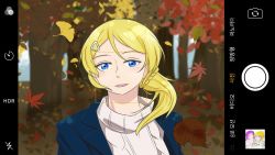Rule 34 | 1girl, alternate hairstyle, artist name, artist request, autumn, autumn leaves, ayase eli, blonde hair, blue cardigan, blue eyes, blue jacket, blush, braid, braided ponytail, breasts, camera phone, cardigan, cellphone, cellphone photo, female focus, floating hair, hair between eyes, hair ornament, hairclip, half-closed eyes, jacket, jewelry, long hair, long sleeves, looking at viewer, love live!, love live! school idol festival, love live! school idol festival all stars, love live! school idol project, low ponytail, necklace, parted lips, phone, ponytail, short hair, smile, solo, star (symbol), star necklace, steampunk adventure (love live!), sweater, tojo nozomi, tree, turtleneck, turtleneck sweater, upper body, white sweater