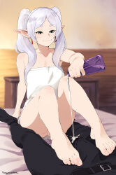 Rule 34 | 1boy, 1girl, barefoot, bulge, earrings, elf, erection, erection under clothes, feet, frieren, green eyes, hetero, highres, holding, indoors, jewelry, long hair, pointy ears, pouring, sex, smile, smug, sousou no frieren, squeezable (squeezabledraws), toenails, toes, twintails, white hair