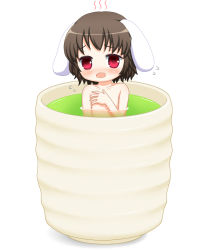 Rule 34 | 1girl, animal ears, bath, bathing, bebelona, bebeneko, blush, brown hair, chibi, cup, embarrassed, highres, in container, in cup, inaba tewi, mini person, minigirl, no nose, nose blush, rabbit ears, red eyes, solo, sweatdrop, tea, touhou, wet