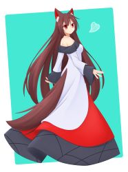 Rule 34 | 1girl, absurdres, animal ear fluff, animal ears, back, bare shoulders, breasts, brown hair, dress, green background, hashi2387, heart, highres, imaizumi kagerou, long hair, looking back, multicolored clothes, multicolored dress, off shoulder, red dress, red eyes, simple background, smile, solo, tail, touhou, very long hair, white background, white dress, wide sleeves, wolf ears, wolf girl, wolf tail