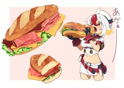 Rule 34 | 1girl, absurdres, ahoge, belt, beret, black gloves, blonde hair, blush, border, breasts, cheese, commentary, crop top, cropped legs, eating, english commentary, food, gloves, greentanuki, hair between eyes, hat, highres, holding, holding food, lettuce, medium breasts, multicolored hair, navel, nina (greentanuki), open mouth, original, outside border, red belt, red eyes, red hair, sandwich, shirt, short hair, short sleeves, skirt, solo, sound effects, teeth, translated, two-tone hair, upper teeth only, white belt, white border, white hair, white hat, white shirt, white skirt