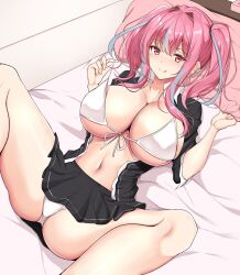 Rule 34 | 1girl, :p, azur lane, bed, bikini, blush, breasts, bremerton (azur lane), cleavage, highres, large breasts, lying, noeomi, on back, pillow, skirt, smile, solo, spread legs, swimsuit, tongue, tongue out, white bikini