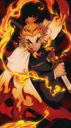 Rule 34 | 1boy, artist name, belt, black jacket, black pants, blonde hair, cape, closed mouth, commission, demon slayer uniform, fighting stance, fire, forked eyebrows, gradient background, highres, holding, holding sword, holding weapon, incoming attack, jacket, kimetsu no yaiba, light particles, long hair, long sleeves, looking to the side, male focus, morry, multicolored eyes, multicolored hair, pants, red eyes, rengoku kyoujurou, sheath, shirt, smile, solo, standing, streaked hair, sword, thick eyebrows, two-tone hair, uniform, unsheathing, veins, veiny hands, weapon, white belt, white cape, white shirt, yellow eyes