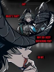 Rule 34 | 1girl, 1other, :d, absurdres, arknights, blue nails, commentary, doctor (arknights), english commentary, english text, fangs, fingerless gloves, gloves, grey gloves, grey hair, head wings, highres, ho&#039;olheyak (arknights), long hair, open mouth, savadava, smile, tail, tail around neck, tongue, tongue out, wings