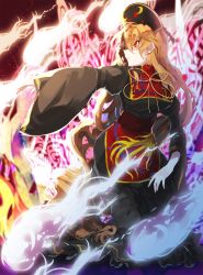 Rule 34 | 1girl, bad id, bad pixiv id, black dress, blonde hair, chinese clothes, crescent, dress, hat, highres, hitodama, junko (touhou), long hair, long sleeves, outstretched arm, profile, red eyes, ribbon, sash, solo, tabard, touhou, very long hair, wide sleeves, yakusuke