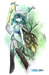 Rule 34 | 1girl, adventure time, antlers, arrow (projectile), bow (weapon), cape, colored skin, domino mask, dryad, english text, green eyes, green hair, green skin, highres, horns, huntress wizard, leaf, mask, monster girl, plant girl, quiver, solo, weapon