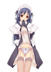 Rule 34 | 1girl, blue hair, blush, cameltoe, clothes in mouth, clothes lift, f-ism, garter belt, hair ribbon, highres, lingerie, maid, mouth hold, murakami suigun, original, panties, ribbon, shirt lift, skirt, skirt in mouth, skirt lift, solo, thighhighs, underwear, upskirt