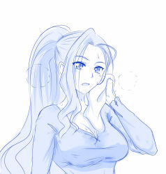 Rule 34 | 1girl, alternate hairstyle, blue theme, breasts, breath, cleavage, eclaire seaetto, hair up, high ponytail, highres, large breasts, long hair, long sleeves, looking at viewer, monochrome, open mouth, solo, sweat, tate no yuusha no nariagari, towel, viperxtr, wiping sweat