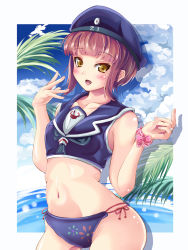 Rule 34 | 10s, 1girl, adapted costume, anchor symbol, bikini, blue sky, blush, breasts, brown hair, clothes writing, cloud, collarbone, day, hat, highres, jewelry, kantai collection, lips, looking at viewer, m yumi fuwawa, navel, open mouth, palm leaf, ring, sailor bikini, sailor collar, sailor hat, scrunchie, short hair, side-tie bikini bottom, sky, small breasts, solo, swimsuit, wedding band, wrist scrunchie, yellow eyes, yumibakama meme, z3 max schultz (kancolle)