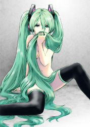 Rule 34 | 1girl, ak2, black thighhighs, censored, convenient censoring, covering face, covering own mouth, covering privates, green hair, hatsune miku, highres, long hair, nude, nude cover, solo, thighhighs, twintails, very long hair, vocaloid
