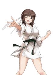 Rule 34 | 1girl, amagami, belt, breasts, brown eyes, brown hair, clenched hand, fighting stance, green belt, gyuunyuu pack (tanaka), highres, japanese clothes, judo, kimono, large breasts, looking at viewer, medium hair, one eye closed, open mouth, palms, reaching, reaching towards viewer, sakurai rihoko, short kimono, short sleeves, simple background, smile, solo, thighs, white background, white kimono, wide sleeves