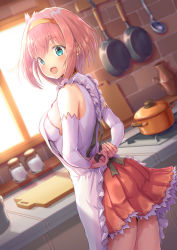 Rule 34 | 1girl, :d, apron, arms behind back, backlighting, bare shoulders, black ribbon, blue eyes, blush, breasts, brick wall, commentary request, cowboy shot, cutting board, detached sleeves, dutch angle, frying pan, hairband, hirokazu (analysis-depth), indoors, jug (bottle), kitchen, ladle, long sleeves, looking at viewer, looking back, medium breasts, miniskirt, open mouth, orange hairband, pink hair, pleated skirt, pot, princess connect!, red skirt, ribbon, salt shaker, shirt, sideboob, skirt, smile, solo, white apron, white shirt, window, yui (princess connect!)