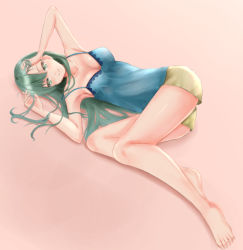 Rule 34 | 1girl, barefoot, blush, breasts, cleavage, green eyes, green hair, hand in own hair, irohakaede, kantai collection, large breasts, long hair, lying, on side, smile, solo, suzuya (kancolle)