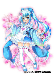 Rule 34 | 1girl, absurdly long hair, apron, blue bow, blue dress, blue eyes, blue footwear, blue hair, blush, bow, copyright name, dmm, dress, flower knight girl, frilled thighhighs, frills, full body, gem, gradient background, hair bow, hair ornament, heart apron, highres, holding, japanese clothes, jewelry, kimono, long hair, looking at viewer, maid headdress, name connection, nerine (flower knight girl), object namesake, official art, open mouth, ponytail, solo, standing, tagme, thighhighs, very long hair, white background, white thighhighs, yukata