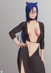 Rule 34 | 1girl, abs, bad id, bad twitter id, black nails, blue hair, breasts, character request, cleavage, collar, copyright request, cowboy shot, female pubic hair, glasses, hand on own hip, hand on own thigh, highres, large breasts, long hair, nail polish, navel, pubic hair, pubic hair peek, putcher, see-through, simple background