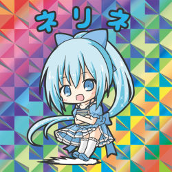 Rule 34 | 1girl, :d, absurdly long hair, bikkuriman (style), blue bow, blue dress, blue eyes, blue footwear, blue hair, blush, book, bow, character name, chibi, dress, flower knight girl, frilled thighhighs, frills, full body, hair between eyes, hair bow, high ponytail, long hair, looking at viewer, nerine (flower knight girl), hugging object, open mouth, pleated dress, ponytail, puffy short sleeves, puffy sleeves, ri-net, shoes, short sleeves, sidelocks, smile, solo, thighhighs, translation request, very long hair, white thighhighs