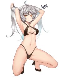 Rule 34 | 1girl, armpits, arms up, bare legs, bikini, black bikini, breasts, character name, closed mouth, counter:side, eyebrows hidden by hair, full body, grey hair, hair lift, halterneck, highleg, highleg panties, highres, hilde (counter:side), long hair, looking at viewer, medium breasts, navel, o-ring, o-ring bikini, o-ring top, orange eyes, panties, simple background, smile, solo, squatting, swimsuit, thighs, underwear, white background, zoopoo
