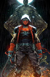 Rule 34 | 1boy, batman, batman (series), belt, black belt, black gloves, black shirt, blood, brown pants, comic cover, commentary, cover image, crowbar, dc comics, english commentary, fingerless gloves, gloves, highres, holding, holding crowbar, hood, hood up, hooded vest, hoodie, jason todd, kael ngu, looking at viewer, male focus, mask, moon, muscular, muscular male, night, night sky, official art, pants, rain, red hood (dc), red vest, shirt, sky, solo, statue, straight-on, vest, western comics (style)
