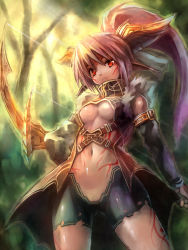 Rule 34 | 1girl, arm warmer, armor, bike shorts, blade, bow (weapon), breasts, cleavage, detached sleeves, edobox, facepaint, hand on own hip, hip focus, large breasts, long hair, midriff, navel, original, pink hair, pointy ears, ponytail, red eyes, solo, tattoo, underboob, weapon