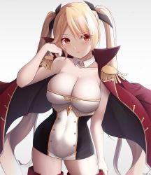 Rule 34 | 1girl, azur lane, blonde hair, breasts, cleavage, closed mouth, coat, cowboy shot, detached collar, dress, epaulettes, frown, high collar, highres, jacket, jacket on shoulders, keenh, large breasts, long hair, long sleeves, looking at viewer, nelson (azur lane), open clothes, open coat, red coat, red eyes, skindentation, sleeveless, sleeveless dress, solo, strapless, strapless dress, thighhighs, tube dress, twintails, very long hair, white dress, zettai ryouiki